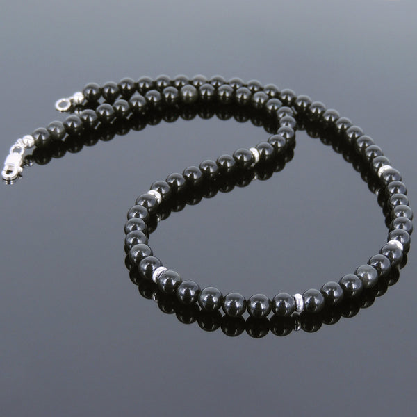 Men's Women Black Obsidian 925 Sterling Silver Necklace Gemstone Beads Clasp DiyNoion Handmade NK094