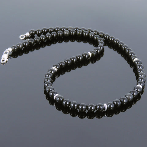 Men's Women Black Obsidian 925 Sterling Silver Necklace Gemstone Beads Clasp DiyNoion Handmade NK094