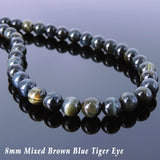 Men's Women Mixed Brown Blue Tiger Eye Sterling Silver Necklace Gemstone 925 Spacers Clasp DiyNoion Handmade NK096