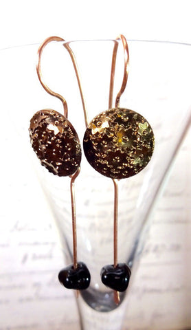 Vintage Copper Button Earrings, Vintage Copper Luster, Black Glass Buttons, Black Bead Drops, Copper Ear Wires, BGE249