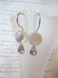 Vintage Button Earrings, Mother of Pearl Buttons, MOP Earrings, Vintage Rhinestone Tear Drops, Hand Made Ear Wires, Silver Wire, MPE265