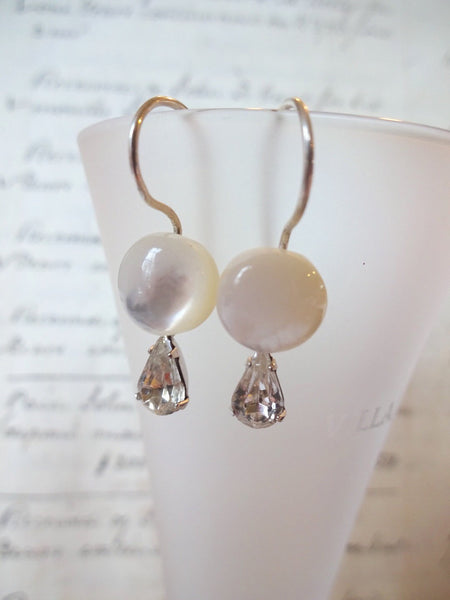 Vintage Button Earrings, Mother of Pearl Buttons, MOP Earrings, Vintage Rhinestone Tear Drops, Hand Made Ear Wires, Silver Wire, MPE265