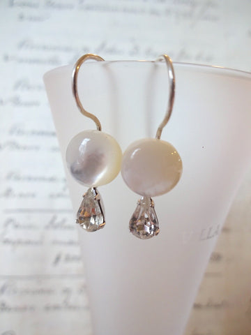 Vintage Button Earrings, Mother of Pearl Buttons, MOP Earrings, Vintage Rhinestone Tear Drops, Hand Made Ear Wires, Silver Wire, MPE265