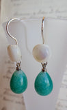 Vintage Button Earrings, Mother of Pearl Buttons, MOP Earrings, Turquoise Milk Glass Beads, Hand Made Ear Wires, Silver Wire, MPE266