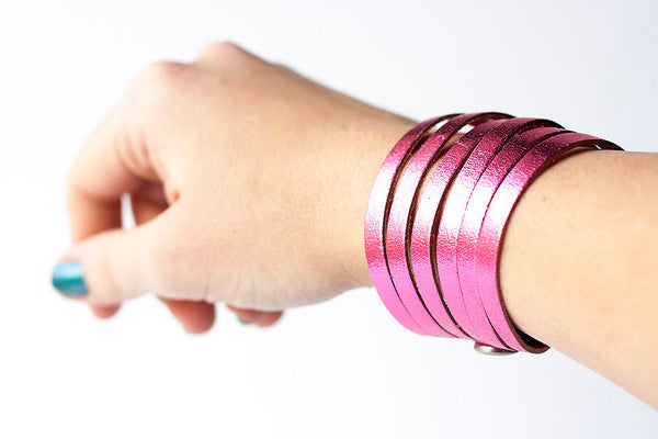 Leather Bracelet/Original Sliced Cuff/Hot Pink Metallic