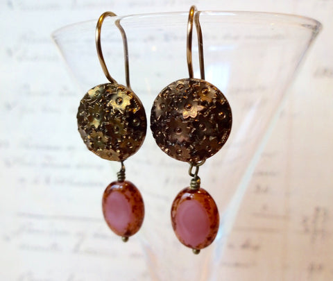 Vintage Copper Button Earrings, Copper Luster on Black Glass Buttons, Pink Picasso Bead Drops, Copper Ear Wires, Dangle Earrings, BGE134