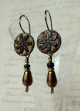 Vintage Black Glass Button Earrings, Gold Luster, Antique Bronze Ear Wires, Black Glass Beads, Bronze Teardrop Beads, Handmade, BGE129