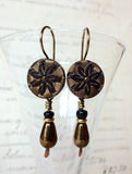 Vintage Black Glass Button Earrings, Gold Luster, Antique Bronze Ear Wires, Black Glass Beads, Bronze Teardrop Beads, Handmade, BGE129