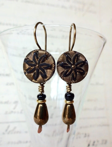 Vintage Black Glass Button Earrings, Gold Luster, Antique Bronze Ear Wires, Black Glass Beads, Bronze Teardrop Beads, Handmade, BGE129