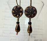 Vintage Black Glass Button Earrings, Gold Luster, Antique Bronze Ear Wires, Black Glass Beads, Bronze Teardrop Beads, Handmade, BGE129