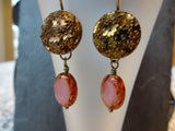 Vintage Copper Button Earrings, Copper Luster on Black Glass Buttons, Pink Picasso Bead Drops, Copper Ear Wires, Dangle Earrings, BGE134