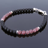 Handmade Men Women Gemstone Bracelet Matte Black Onyx Strawberry Quartz 925 Sterling Silver Clasp DiyNotion BR674