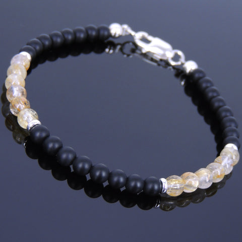 Handmade Men Women Bracelet Matte Black Onyx Golden Rutilated Quartz 925 Sterling Silver Clasp DiyNotion BR675