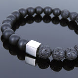 Men's Women Matte Black Onyx Lava Rock Bracelet 925 Sterling Silver Cube Bead DiyNotion Handmade BR676