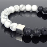Men's Women Lava Rock White Howlite Bracelet 925 Sterling Silver Cube Bead DiyNotion Handmade BR677
