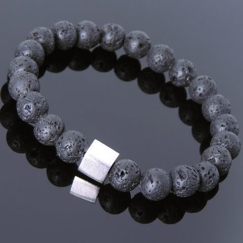 Men's Women Lava Rock Bracelet 925 Sterling Silver Cube Bead DiyNotion Handmade BR685