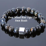 Men's Women Rare Mixed Blue Tiger Eye Bracelet 925 Sterling Silver Cube Bead DiyNotion Handmade BR688