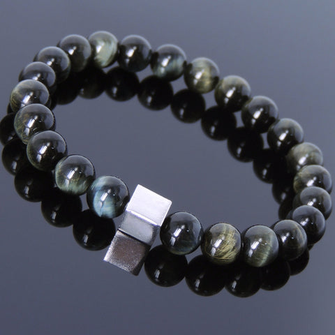 Men's Women Mixed Brown Blue Tiger Eye Bracelet 925 Sterling Silver Cube Bead DiyNotion Handmade BR689