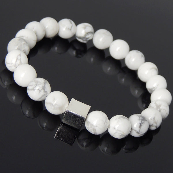Men's Women White Howlite Bracelet 925 Sterling Silver Cube Bead DiyNotion Handmade BR692