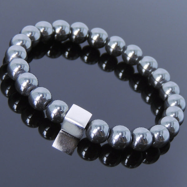 Men's Women Hematite Bracelet Gemstone 925 Sterling Silver Cube DiyNotion BR691