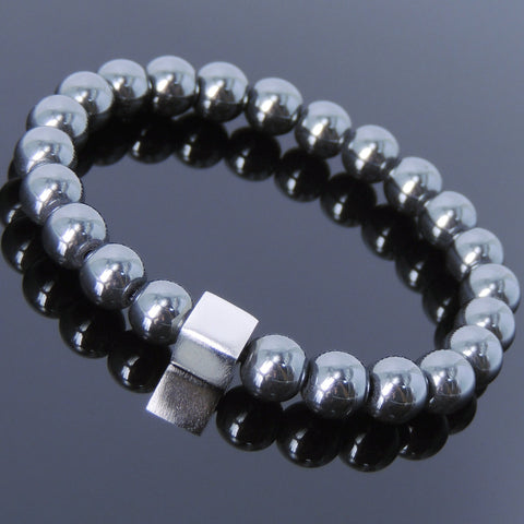 Men's Women Hematite Bracelet Gemstone 925 Sterling Silver Cube DiyNotion BR691
