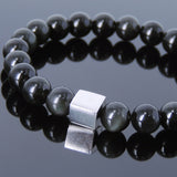 Men's Women Black Obsidian Bracelet 925 Sterling Silver Cube Bead DiyNotion Handmade BR693
