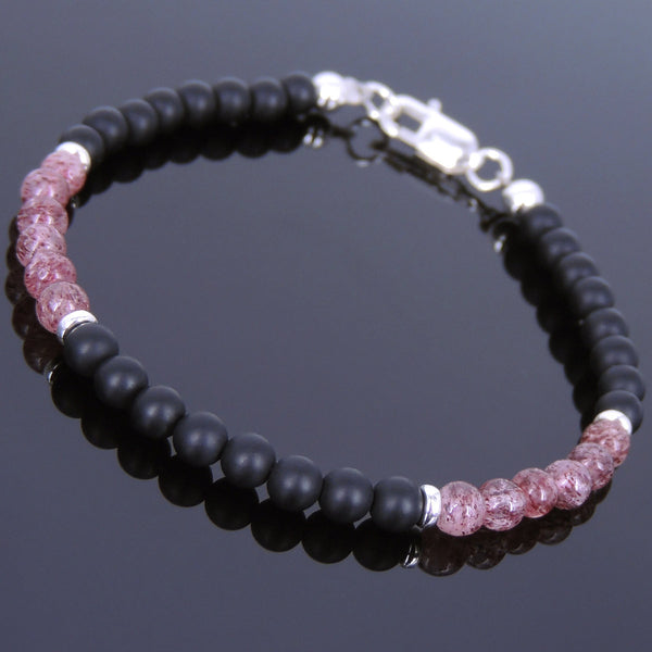 Handmade Men Women Gemstone Bracelet Matte Black Onyx Strawberry Quartz 925 Sterling Silver Clasp DiyNotion BR674
