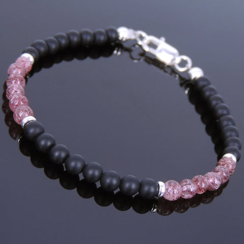 Handmade Men Women Gemstone Bracelet Matte Black Onyx Strawberry Quartz 925 Sterling Silver Clasp DiyNotion BR674