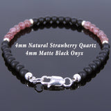 Handmade Men Women Gemstone Bracelet Matte Black Onyx Strawberry Quartz 925 Sterling Silver Clasp DiyNotion BR674