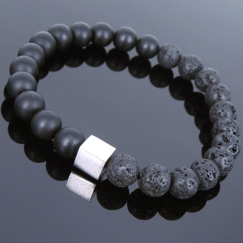 Men's Women Matte Black Onyx Lava Rock Bracelet 925 Sterling Silver Cube Bead DiyNotion Handmade BR676