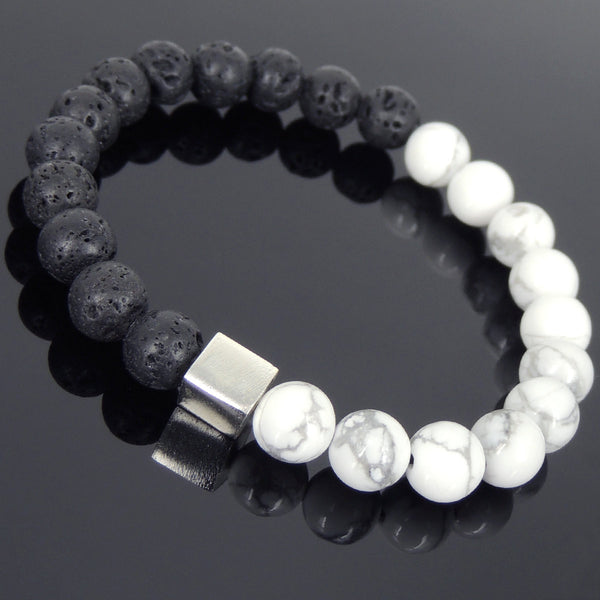 Men's Women Lava Rock White Howlite Bracelet 925 Sterling Silver Cube Bead DiyNotion Handmade BR677