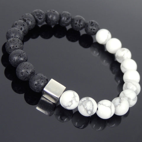 Men's Women Lava Rock White Howlite Bracelet 925 Sterling Silver Cube Bead DiyNotion Handmade BR677