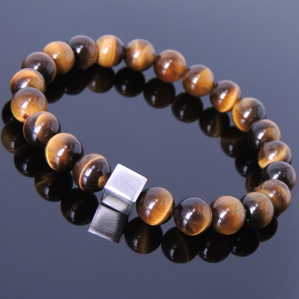 Men's Women Brown Tiger Eye Bracelet 925 Sterling Silver Cube Bead DiyNotion Handmade BR686