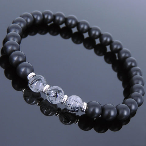 Men's Women Matte Black Onyx Black Rutilated Quartz Bracelet 925 Sterling Silver Spacers DiyNotion Handmade BR678