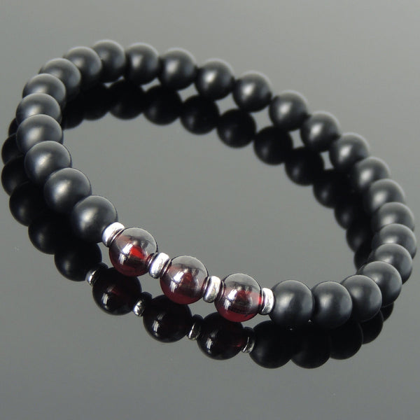 Men's Women Matte Black Onyx Garnet Bracelet 925 Sterling Silver Spacers DiyNotion Handmade BR681