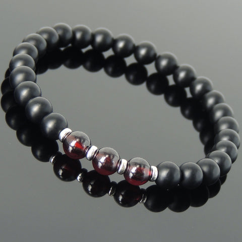 Men's Women Matte Black Onyx Garnet Bracelet 925 Sterling Silver Spacers DiyNotion Handmade BR681