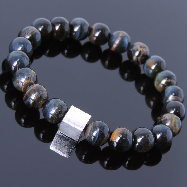 Men's Women Rare Mixed Blue Tiger Eye Bracelet 925 Sterling Silver Cube Bead DiyNotion Handmade BR688