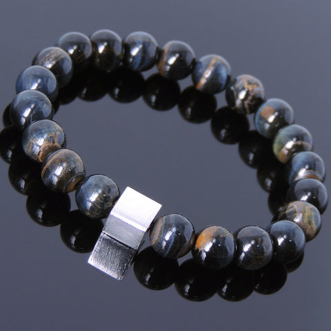 Men's Women Rare Mixed Blue Tiger Eye Bracelet 925 Sterling Silver Cube Bead DiyNotion Handmade BR688