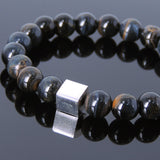 Men's Women Rare Mixed Blue Tiger Eye Bracelet 925 Sterling Silver Cube Bead DiyNotion Handmade BR688