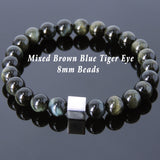 Men's Women Mixed Brown Blue Tiger Eye Bracelet 925 Sterling Silver Cube Bead DiyNotion Handmade BR689