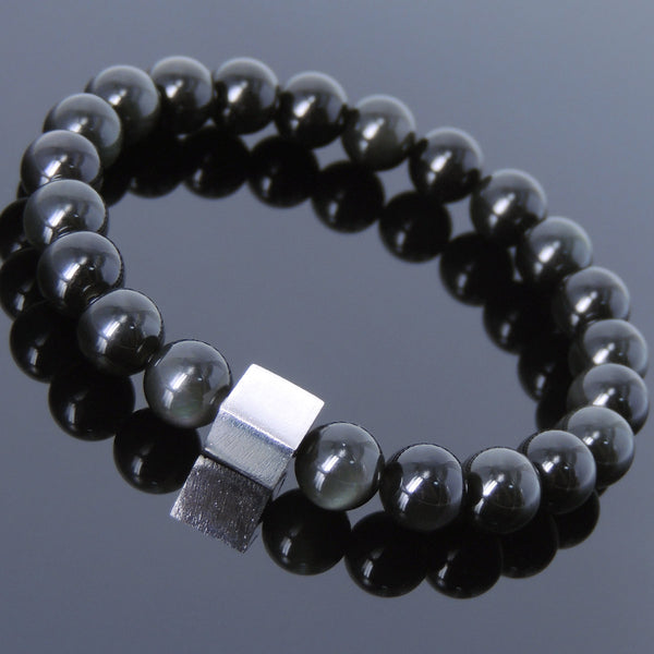 Men's Women Black Obsidian Bracelet 925 Sterling Silver Cube Bead DiyNotion Handmade BR693