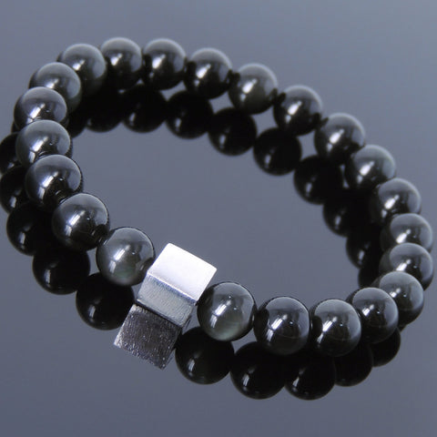 Men's Women Black Obsidian Bracelet 925 Sterling Silver Cube Bead DiyNotion Handmade BR693