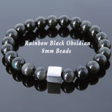 Men's Women Black Obsidian Bracelet 925 Sterling Silver Cube Bead DiyNotion Handmade BR693