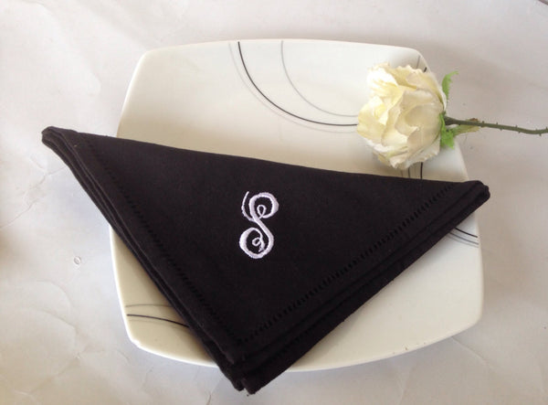 Personalized Black Monogrammed cotton napkins, Four Hemstitched Napkins, Black Serviettes