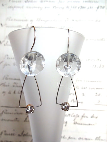 Vintage Clear Glass Button Earrings, Glass Antique Buttons, Handmade Dangle Earrings, Rhinestone Earrings, Silver Rhinestone Drops, CGE132
