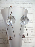Vintage Clear Glass Button Earrings, Glass Antique Buttons, Handmade Dangle Earrings, Rhinestone Earrings, Silver Rhinestone Drops, CGE132
