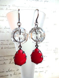 Vintage Glass Button Earrings, Red Glass Teardrop Beads, Clear Glass Buttons, Handmade Oxidized Square Silver Ear Wires, CGE135