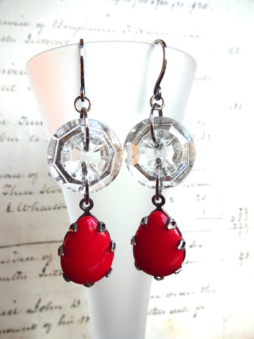Vintage Glass Button Earrings, Red Glass Teardrop Beads, Clear Glass Buttons, Handmade Oxidized Square Silver Ear Wires, CGE135