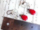 Vintage Glass Button Earrings, Red Glass Teardrop Beads, Clear Glass Buttons, Handmade Oxidized Square Silver Ear Wires, CGE135