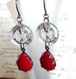 Vintage Glass Button Earrings, Red Glass Teardrop Beads, Clear Glass Buttons, Handmade Oxidized Square Silver Ear Wires, CGE135